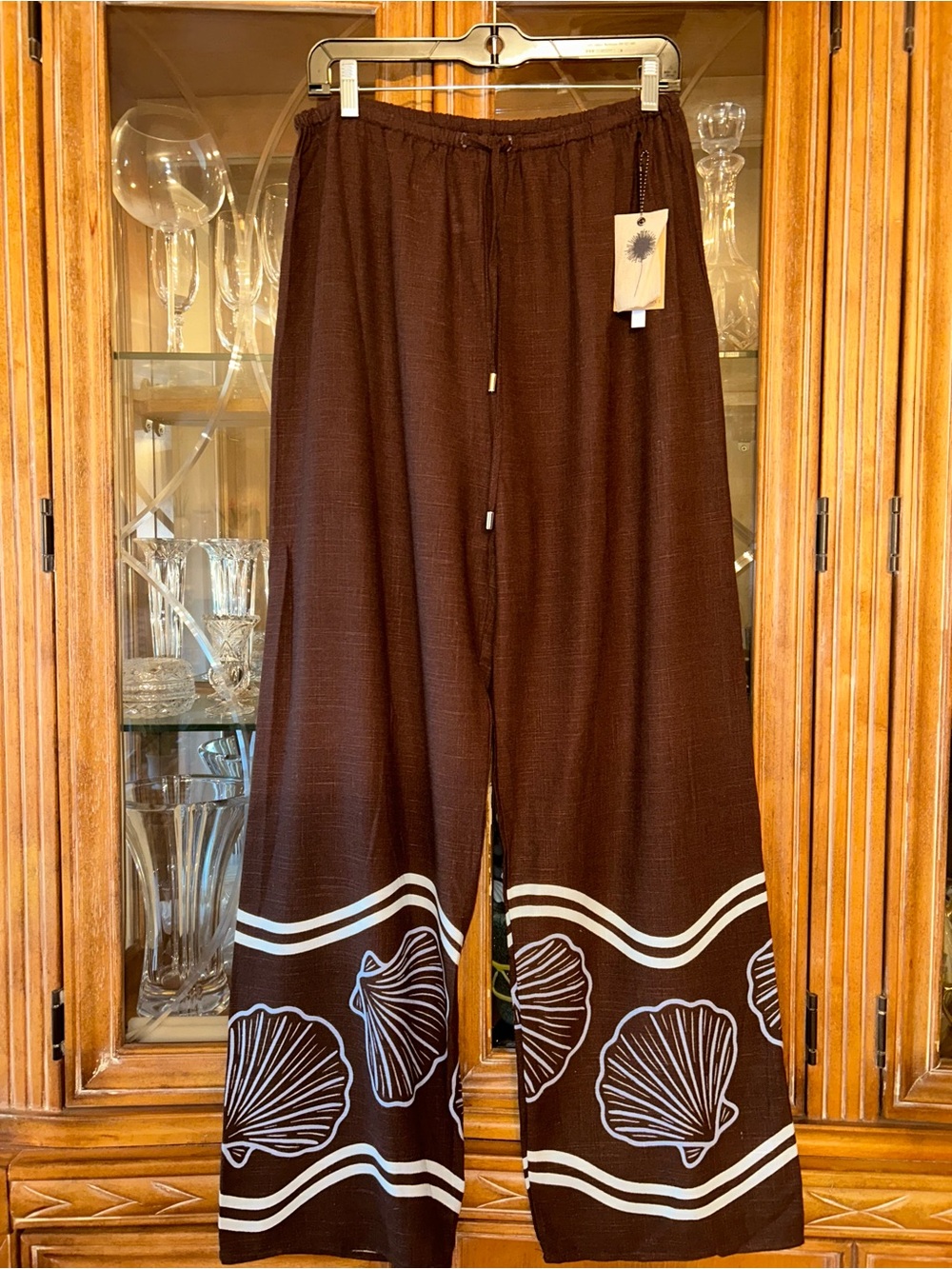 Relaxed Linen Straight-Leg Brown Shell-Trim Pants